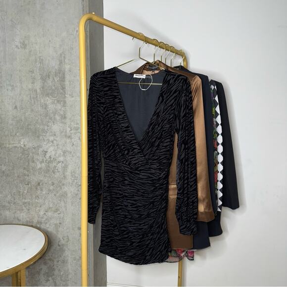 New Ramy Brook Kalani Black Zebra Print Flocked Textuted Long Sleeve Mini Dress - Picture 7 of 15